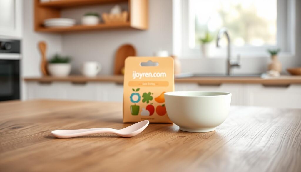 A beautifully arranged custom baby feeding set featuring silicone utensils in soft pastel colors, including a spoon, fork, and bowl. In the foreground, the utensils are artistically placed on a textured wooden surface. The middle ground showcases a vibrant, eco-friendly packaging design labeled with "ijoyren.com", emphasizing a professional and stylish presentation. The background consists of a softly lit, clean kitchen setting with natural light filtering through a window, creating a warm and inviting atmosphere. A subtle depth of field effect brings focus to the feeding set while allowing the background to blend gently. The overall mood is calm, friendly, and professional, perfect for a modern parenting audience.