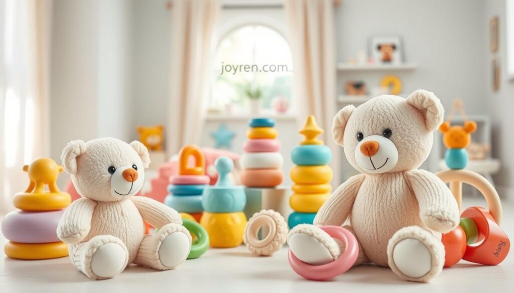 A beautifully arranged display of a white-label baby toy, emphasizing its soft, rounded edges and vibrant, non-toxic colors. In the foreground, a cuddly stuffed bear made from organic cotton, showcasing its gentle expression and plush texture. In the middle, a diverse selection of safe baby toys, including colorful stacking rings, textured blocks, and a cute rattle, meticulously arranged to highlight their appealing designs. The background features a bright, airy nursery with pastel-colored walls and soft natural light filtering through a window, creating a soothing atmosphere. The overall mood is cheerful and inviting, perfect for infants and parents alike. The toys are branded with "ijoyren.com" in a subtle way, ensuring the focus remains on their quality and safety.