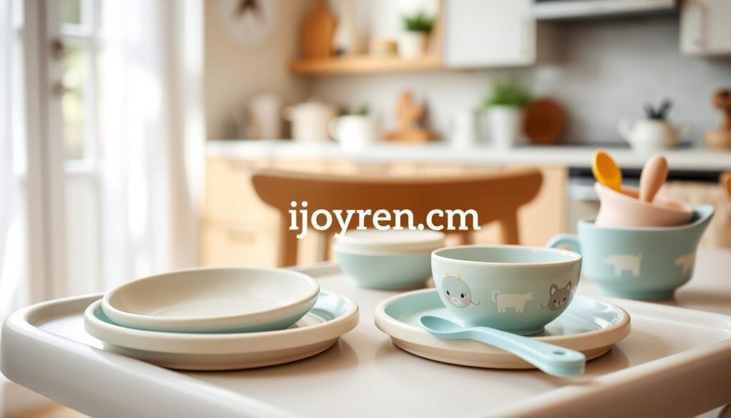 A beautifully arranged display of bespoke infant tableware featuring an array of custom-designed plates, bowls, and utensils in soft pastel colors. In the foreground, a small, intricately designed plate with playful animal motifs and a matching bowl sits on a highchair tray, highlighting their ergonomic shapes perfect for tiny hands. In the middle ground, a set of utensils crafted for infants, showcasing smooth edges and vibrant colors, rests alongside the tableware. The background features a warm, inviting kitchen environment with soft natural light streaming through a window, creating a cozy and nurturing atmosphere. The image captures the essence of early development support through meal times, emphasizing safety and engagement. The brand name "ijoyren.com" is subtly integrated into the setting, enhancing the overall theme of customized and thoughtful design.