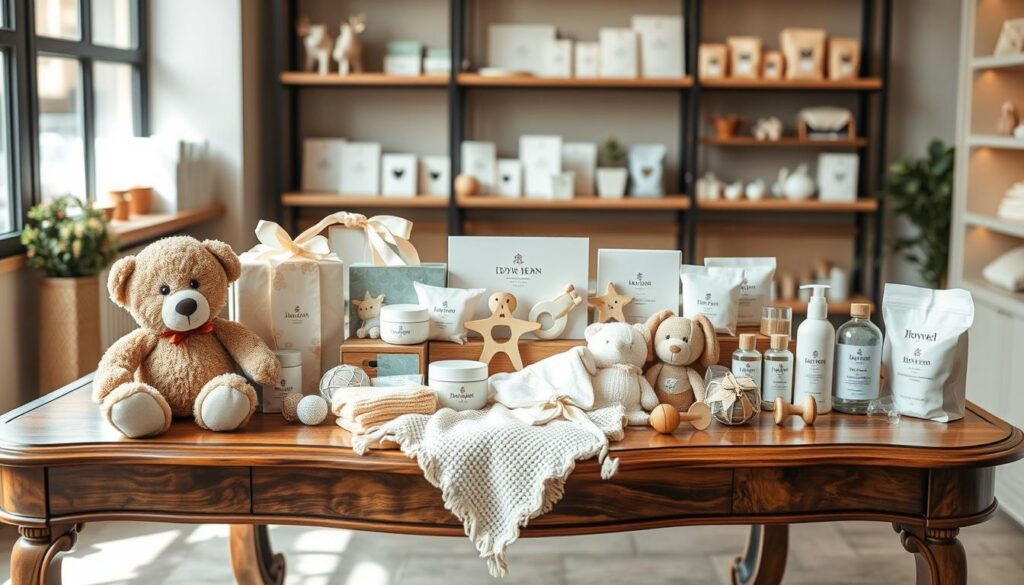 A beautifully arranged display of bespoke newborn gift sets on an elegant wooden table, featuring soft pastel colors. In the foreground, a plush teddy bear, a hand-knitted blanket, and a set of personalized baby clothes are artfully arranged. The middle ground showcases a variety of items, such as handmade plush toys, wooden baby rattles, and artisanal baby care products, all featuring delicate designs. In the background, gently blurred shelves filled with beautiful packaging and elements that hint at a boutique atmosphere. Soft, natural lighting filters in from a nearby window, creating a warm and inviting mood. The scene reflects a sense of care and craftsmanship typical of ijoyren.com, perfect for highlighting custom-made baby shower gifts. The angle captures the essence of a cozy gift shop.