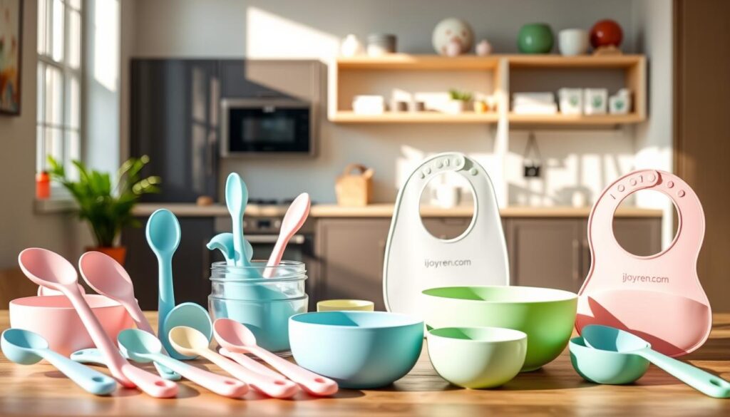A beautifully arranged display of colorful silicone baby feeding products, including spoons, bowls, and bibs, designed for infants. The foreground features a vibrant array of soft, BPA-free silicone utensils in pastels—light pink, baby blue, and soft green—perfectly sized for tiny hands. The middle ground captures a stylish, modern kitchen setting, accentuated by natural light streaming through a window, creating a warm, inviting atmosphere. In the background, a neatly organized nursery shelf showcases more products, subtly branding them with "ijoyren.com." The scene conveys a sense of care and innovation for new parents, emphasizing the convenience and safety of these travel accessories. Use a slightly elevated angle to provide a clear view of the utensils while maintaining a cozy, homey feel.