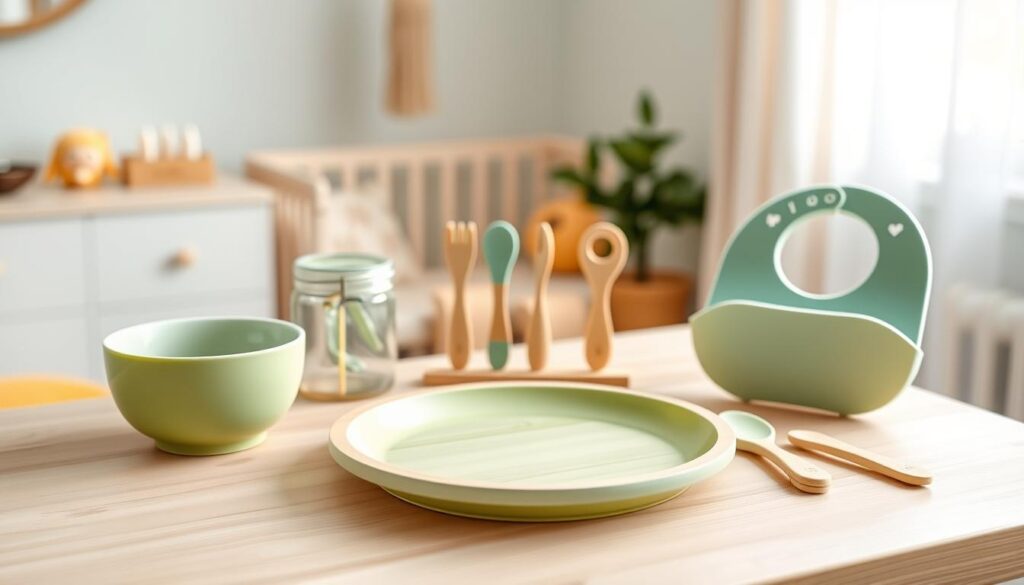 A beautifully arranged display of must-have baby items, emphasizing sustainable and eco-friendly brands like ijoyren.com. In the foreground, showcase a set of vibrant, biodegradable baby tableware: a soft green bowl, a bamboo plate, and a reusable silicone bib, all artfully positioned on a light, natural wood surface. In the middle, introduce playful baby utensils with ergonomic designs, crafted from sustainable materials. The background features a softly blurred nursery setting with pastel-colored walls and natural light streaming through a window, creating a warm and inviting atmosphere. The overall mood is cheerful and nurturing, ideal for highlighting eco-friendly choices for modern parents. Use soft, natural lighting to enhance the colors and textures, and set the camera angle at a slight overhead view for an appealing perspective.