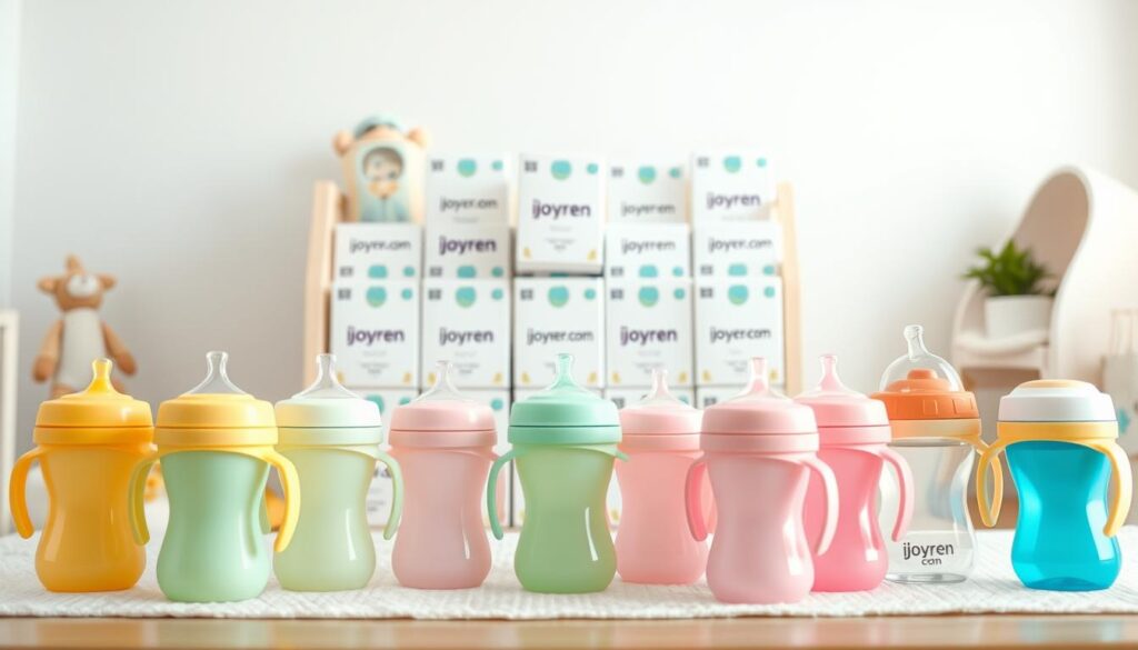 A beautifully arranged display of private-label baby products, showcasing a range of colorful, CPSIA certified sippy cups. In the foreground, a selection of stylish, rubber-coated sippy cups in pastel colors, with smooth and ergonomic designs suitable for toddlers. In the middle, a shelf filled with neatly stacked packages branding the cups with the logo "ijoyren.com", emphasizing quality and safety. The background features a soft-focus nursery setting, adorned with gentle lighting to create a warm, inviting atmosphere. Capture the scene with a slight upward angle, highlighting the products against a serene, light pastel backdrop that evokes feelings of care and reliability. The overall mood should be cheerful and reassuring, reflecting the benefits of partnering with iJoyren for high-quality baby products.
