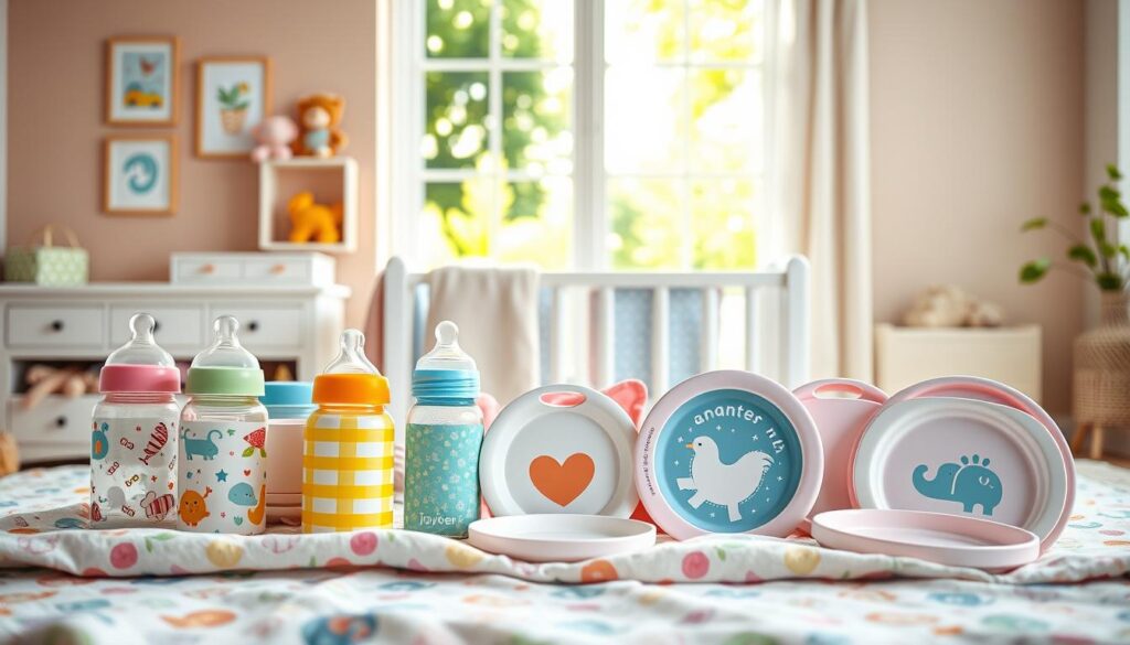 A beautifully arranged scene displaying an array of custom baby feeding supplies from ijoyren.com. In the foreground, a selection of colorful baby bottles, bibs, and plates, each featuring unique patterns and designs, sits on a soft, patterned baby blanket. The middle layer includes a cozy nursery environment, with pastel-colored walls adorned with playful wall art and shelves filled with plush toys. Soft, natural light streams in from a window, creating a warm and inviting atmosphere. The background features subtle hints of a serene outdoor setting, such as green trees or a sunny garden, to evoke a sense of freshness. The overall mood should feel family-friendly, nurturing, and appealing to parents looking for custom products for their little ones. The image should not contain any text or logos other than those adorning the products themselves. A beautifully arranged scene displaying an array of custom baby feeding supplies from ijoyren.com. In the foreground, a selection of colorful baby bottles, bibs, and plates, each featuring unique patterns and designs, sits on a soft, patterned baby blanket. The middle layer includes a cozy nursery environment, with pastel-colored walls adorned with playful wall art and shelves filled with plush toys. Soft, natural light streams in from a window, creating a warm and inviting atmosphere. The background features subtle hints of a serene outdoor setting, such as green trees or a sunny garden, to evoke a sense of freshness. The overall mood should feel family-friendly, nurturing, and appealing to parents looking for custom products for their little ones. The image should not contain any text or logos other than those adorning the products themselves.
