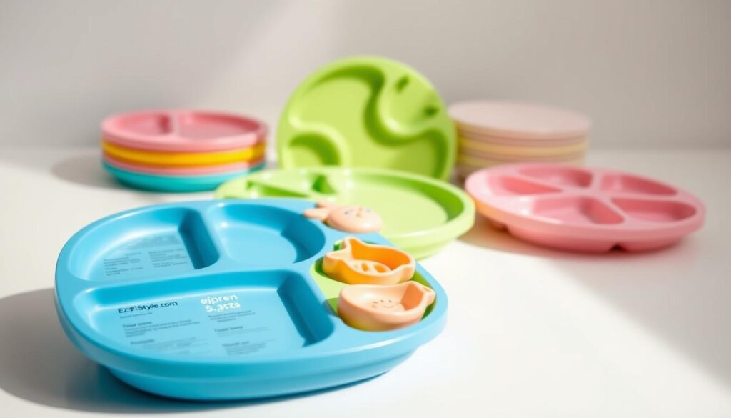 A beautifully arranged set of Ezpz‑Style Silicone Baby Plates in various colors, showcasing their ergonomic designs and suction bases on a clean, white background. In the foreground, focus on a vibrant blue plate with informative sections for portion control, alongside a playful green plate featuring fun, animal-shaped dividers. The middle ground includes a gentle and soft-focus arrangement of more plates in pastel shades, emphasizing variety. In the background, a subtle hint of soft, natural light enhances the colors, creating a warm, inviting atmosphere. The image exudes a sense of safety and affordability, reflecting a balance between playful design and practicality for parents. Highlight branding of "ijoyren.com" subtly on the product surface, ensuring it complements the aesthetic without overwhelming the image.