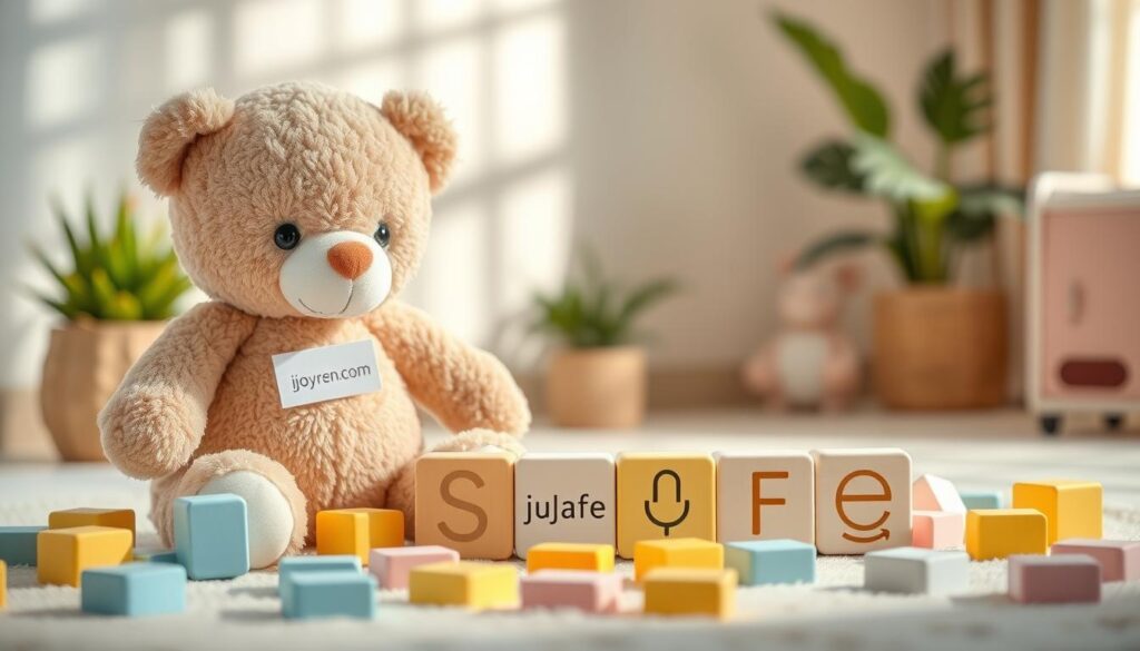 A beautifully designed white-label baby toy set, featuring a soft, plush bear and colorful wooden blocks. The foreground showcases the plush bear with its gentle expression, surrounded by scattered blocks in pastel shades of blue, yellow, and pink. In the middle, a neat arrangement of the blocks spells out safe, non-toxic symbols, ensuring parents of their safety. The background is a softly blurred nursery setting with a light cream-colored wall and hints of greenery from indoor plants, creating a warm, inviting atmosphere. The image is illuminated with soft, natural light from a nearby window, casting delicate shadows. This composition conveys a sense of trust and care, emphasizing the advantages of white-label products. Include the brand name "ijoyren.com" subtly placed on the tag of the plush bear to highlight brand identity.