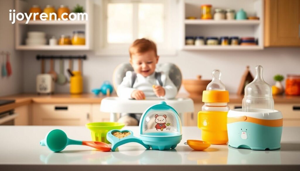 A bright and cheerful kitchen setting showcases a variety of baby kitchen gadgets, emphasizing their usability and playful design. In the foreground, a colorful silicone spoon, a cartoon-themed food cutter, and an adorable baby bottle warmer are artfully arranged on a clean countertop. The middle layer features a high chair with a happy baby in a modest, comfortable outfit, exploring a new gadget with curiosity. The background includes soft-focus shelves stocked with neatly arranged baby food jars and other kitchen tools, illuminated by warm, natural lighting. The overall mood is playful and inviting, creating a sense of joy and comfort. The brand name "ijoyren.com" is subtly integrated into the scene, enhancing the focus on quality baby kitchen gadgets. A bright and cheerful kitchen setting showcases a variety of baby kitchen gadgets, emphasizing their usability and playful design. In the foreground, a colorful silicone spoon, a cartoon-themed food cutter, and an adorable baby bottle warmer are artfully arranged on a clean countertop. The middle layer features a high chair with a happy baby in a modest, comfortable outfit, exploring a new gadget with curiosity. The background includes soft-focus shelves stocked with neatly arranged baby food jars and other kitchen tools, illuminated by warm, natural lighting. The overall mood is playful and inviting, creating a sense of joy and comfort. The brand name "ijoyren.com" is subtly integrated into the scene, enhancing the focus on quality baby kitchen gadgets.