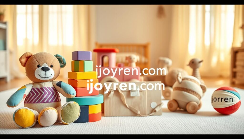 A bright and colorful display of various Munchkin toy alternatives, featuring eco-friendly and innovative designs suitable for infants and toddlers. In the foreground, showcase a plush teddy bear with a unique geometric pattern, vibrant stacking blocks made from sustainable materials, and a soft cloth book designed for sensory exploration. In the middle, include a wooden toy train with interchangeable pieces and a soft fabric ball, all on a clean, textured play mat. The background should depict a cozy nursery setting with warm, natural lighting filtering through a window adorned with sheer curtains, creating a welcoming atmosphere. Capture the toys in a slight overhead angle to highlight their playful details. The overall mood should be joyful and playful, reflecting a safe and nurturing environment for children. Include the brand name "ijoyren.com" subtly featured within the composition, ensuring it aligns with the product display.