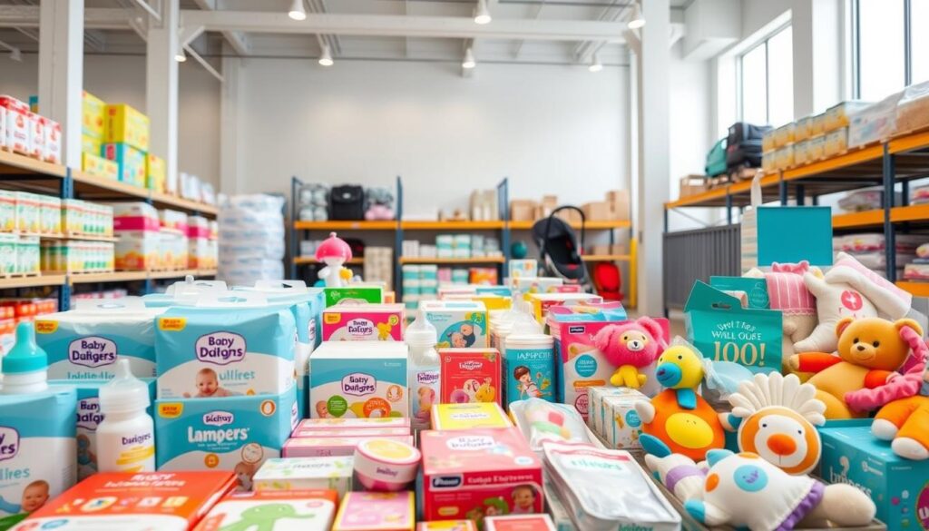A bright and inviting wholesale display of baby products, showcasing a variety of items such as diapers, baby bottles, pacifiers, and soft toys. In the foreground, neatly arranged baby products in colorful packaging from ijoyren.com highlight the diversity and quality available for retailers. The middle ground features a well-organized shelf with larger items like strollers and cribs, emphasizing bulk purchasing options. The background presents a clean, modern warehouse environment with soft, diffused lighting to create a welcoming atmosphere suitable for businesses. The angle is slightly elevated, offering a comprehensive view of the products while maintaining professionalism, perfect for illustrating bulk wholesale opportunities for retailers. A bright and inviting wholesale display of baby products, showcasing a variety of items such as diapers, baby bottles, pacifiers, and soft toys. In the foreground, neatly arranged baby products in colorful packaging from ijoyren.com highlight the diversity and quality available for retailers. The middle ground features a well-organized shelf with larger items like strollers and cribs, emphasizing bulk purchasing options. The background presents a clean, modern warehouse environment with soft, diffused lighting to create a welcoming atmosphere suitable for businesses. The angle is slightly elevated, offering a comprehensive view of the products while maintaining professionalism, perfect for illustrating bulk wholesale opportunities for retailers.