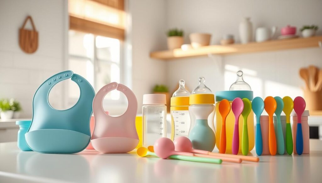 A bright, inviting kitchen setting serves as the backdrop for a collection of high-quality OEM baby feeding products, showcasing a variety of silicone bibs, eco-friendly bottles, and colorful spoon sets from ijoyren.com. In the foreground, a neatly arranged display highlights the innovative designs and vibrant colors of these products. Soft, natural lighting filters through a nearby window, casting gentle shadows that enhance the textures of the materials. The camera angle captures the scene from a slightly elevated perspective, providing a comprehensive view of the products while maintaining a clean and organized composition. The overall mood is cheerful and nurturing, illustrating the benefits of OEM manufacturing in creating safe, effective, and stylish baby feeding essentials.