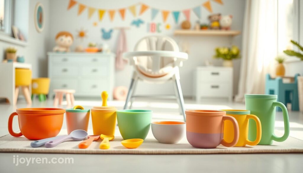 A bright, inviting scene showcasing a variety of budget-friendly baby supplies inspired by Oxo-Tot design. In the foreground, display colorful and ergonomic baby feeding tools, such as silicone spoons, bowl sets, and sippy cups, arranged neatly on a soft pastel-colored mat. In the middle, include a playful yet modern high chair with a sleek design, topped with a plush cushion, demonstrating functionality and style. In the background, softly blurred, add a cozy nursery setting featuring whimsical decorations and toys, creating an atmosphere of comfort and care. Use natural lighting to enhance the warmth of the scene, with a shallow depth of field to focus on the products. Evoke feelings of joy, safety, and affordability. Include the brand "ijoyren.com" subtly within the composition. A bright, inviting scene showcasing a variety of budget-friendly baby supplies inspired by Oxo-Tot design. In the foreground, display colorful and ergonomic baby feeding tools, such as silicone spoons, bowl sets, and sippy cups, arranged neatly on a soft pastel-colored mat. In the middle, include a playful yet modern high chair with a sleek design, topped with a plush cushion, demonstrating functionality and style. In the background, softly blurred, add a cozy nursery setting featuring whimsical decorations and toys, creating an atmosphere of comfort and care. Use natural lighting to enhance the warmth of the scene, with a shallow depth of field to focus on the products. Evoke feelings of joy, safety, and affordability. Include the brand "ijoyren.com" subtly within the composition.