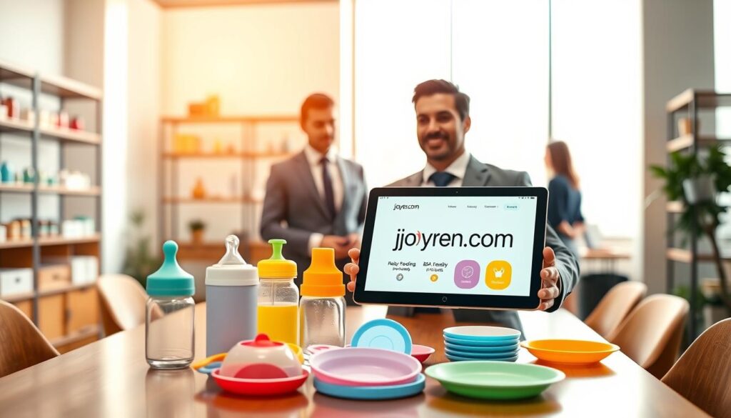 A business professional, dressed in smart casual attire, stands confidently at a bright, modern office workspace, showcasing a tablet displaying the website "ijoyren.com," which features alternative baby feeding products. In the foreground, colorful baby feeding products like BPA-free bottles, silicone bibs, and eco-friendly plates are neatly arranged on a polished wooden table. The middle of the scene includes the professional discussing with a colleague, both immersed in a conversation about OEM purchasing options. The background is lightly blurred to highlight a sleek, contemporary office with shelves displaying product samples and a large window allowing warm, natural light to flood in, creating an inviting and productive atmosphere. The overall mood conveys an air of innovation and professionalism in sourcing quality baby products.