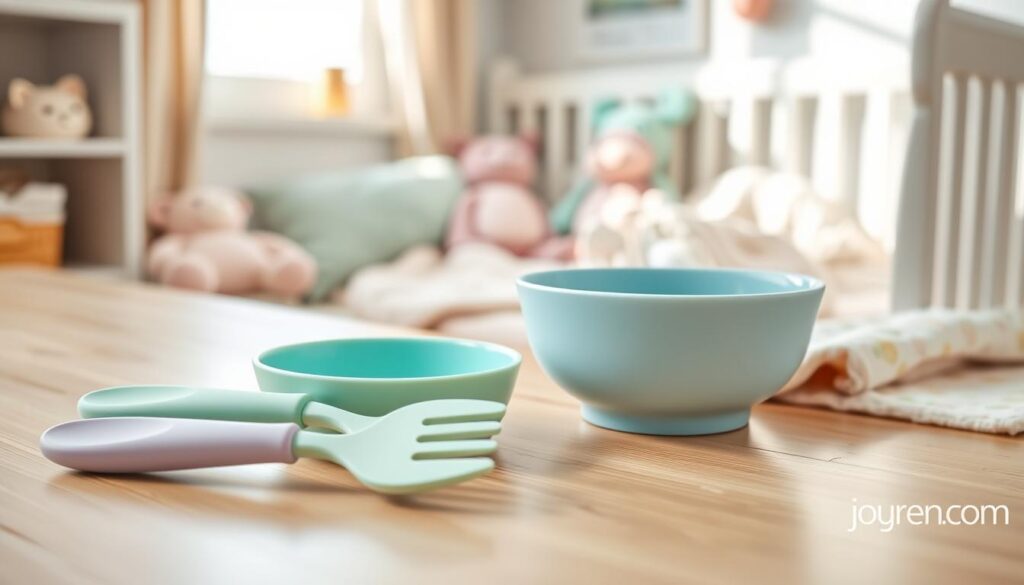 A captivating image of vibrant, ergonomic silicone baby utensils arranged artistically on a light wood table. In the foreground, showcase a spoon, fork, and a silicone bowl in soft pastel colors like lavender, mint green, and baby blue. The utensils should be textured with gentle, rounded edges designed for small hands, highlighting their safe and child-friendly features. In the middle ground, include a cozy nursery setting with soft natural lighting filtering through a nearby window, creating a warm atmosphere. The background should subtly feature plush toys and a soft quilt in soothing colors, ensuring the focus remains on the utensils. Emphasize the brand "ijoyren.com" with a small logo subtly in the corner, maintaining the image's professional integrity.