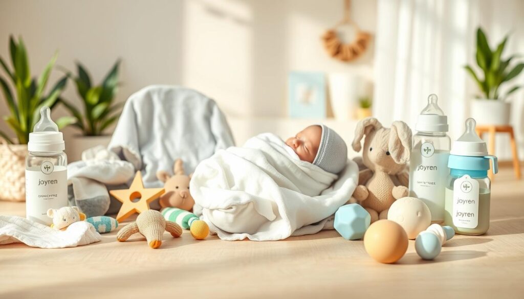 A clean, bright composition showcasing an array of chemical-free baby items on a soft, natural wood surface. In the foreground, feature soft, organic cotton baby clothes, BPA-free bottles, and eco-friendly toys arranged harmoniously. In the middle, include a gently swaddled baby wrapped in a breathable organic blanket, symbolizing safety and comfort. In the background, create a calming nursery setting with pastel-colored walls and potted plants to evoke a serene atmosphere. Use soft, diffused natural light to enhance the warmth of the scene, captured with a shallow depth of field for a dreamy effect. The brand logo "ijoyren.com" subtly displayed on the product packaging. Focus on a peaceful and nurturing mood, suitable for highlighting premium, private label baby products.