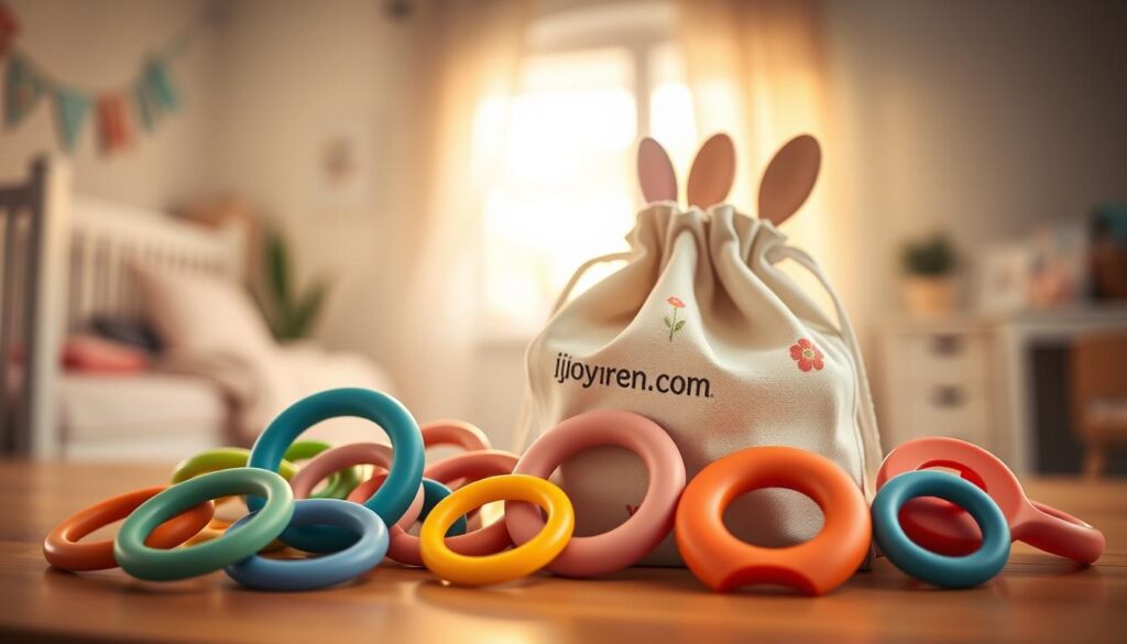 A collection of affordable silicone baby accessories beautifully arranged in an eco-friendly custom gift set. In the foreground, showcase colorful silicone teething rings, pacifiers, and baby spoons with soft, rounded edges, all made from safe, non-toxic materials. The middle ground features a stylish, reusable fabric bag holding these items, adorned with a subtle floral pattern. In the background, create a soft-focus environment that suggests a cozy nursery, with warm, natural lighting streaming through a nearby window, enhancing the soothing atmosphere. Use a shallow depth of field to emphasize the accessories, and capture the scene from a slightly elevated angle to give a clear view of the products. The overall mood should evoke warmth, safety, and eco-friendliness. Include the brand name “ijoyren.com” subtly integrated into the design of the fabric bag.