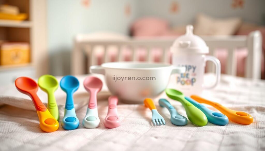 A collection of age-appropriate baby utensils displayed neatly on a soft, textured fabric. In the foreground, focus on colorful silicone spoons and forks designed for infants, featuring ergonomic grips and playful designs. The middle ground includes a silicone feeding bowl and a training cup with handles, all arranged harmoniously. The background consists of a softly blurred nursery setting, showcasing pastel-colored walls and gentle lighting that evokes a warm, inviting atmosphere. The image should have a bright, cheerful feel, highlighting the safety and practicality of these utensils for babies. Capture this scene in a natural light setting to enhance the colors and textures. Include the brand name "ijoyren.com" subtly in the layout.