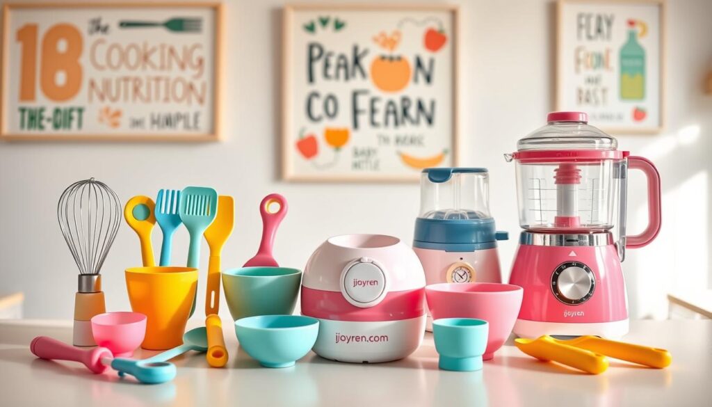 A collection of colorful baby kitchen gadgets arranged artfully on a bright, clean countertop. In the foreground, showcase cute, small utensils like a baby-sized whisk, silicone spatula, and measuring cups designed for little hands. In the middle, include a cheerful, vibrant baby bottle warmer and a playful, multifunctional food processor, representing modern innovation. The background features soft pastel-colored wall art related to cooking and nutrition, creating a friendly atmosphere. The lighting is warm and inviting, with soft shadows that enhance the textures of the gadgets. Capture the scene with a slightly tilted angle to add dynamism, evoking a sense of joy and creativity in the kitchen. The brand name "ijoyren.com" should be subtly hinted at within the design of the gadgets themselves, reinforcing their appeal. A collection of colorful baby kitchen gadgets arranged artfully on a bright, clean countertop. In the foreground, showcase cute, small utensils like a baby-sized whisk, silicone spatula, and measuring cups designed for little hands. In the middle, include a cheerful, vibrant baby bottle warmer and a playful, multifunctional food processor, representing modern innovation. The background features soft pastel-colored wall art related to cooking and nutrition, creating a friendly atmosphere. The lighting is warm and inviting, with soft shadows that enhance the textures of the gadgets. Capture the scene with a slightly tilted angle to add dynamism, evoking a sense of joy and creativity in the kitchen. The brand name "ijoyren.com" should be subtly hinted at within the design of the gadgets themselves, reinforcing their appeal.