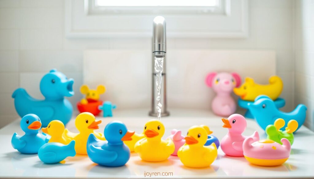 A collection of colorful private label baby bath toys displayed on a clean and bright bathroom countertop. The foreground features an assortment of BPA-free rubber ducks, squirt toys, and floating animals in vibrant shades of blue, yellow, and pink. In the middle, a gentle stream of water cascades from a modern, sleek faucet, creating a playful and inviting atmosphere. The background includes soft pastel tiles and a window with natural light filtering in, enhancing the cheerful vibe. The entire scene conveys a sense of safety, fun, and creativity, emphasizing the appeal of private label baby bath toys for parents. Include branding subtly on some toys with "ijoyren.com". Use soft focus with a slight depth of field to draw attention to the toys.