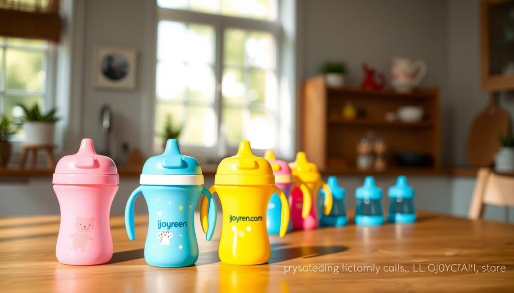 A collection of colorful, private-label toddler sippy cups displayed on a wooden table. In the foreground, three distinct sippy cups in bright pastel shades—pink, blue, and yellow—showcase unique designs with playful patterns like animals and stars. The middle ground features a set of these cups arranged attractively, their handles clearly visible, reflecting their toddler-friendly features. The background is softly blurred, suggesting a cozy kitchen environment with natural light flooding in through a window, casting gentle shadows. The atmosphere is inviting and cheerful, perfect for parents considering quality, CE, and CPSIA compliant products. The brand "ijoyren.com" is subtly incorporated into the design of one cup, enhancing brand visibility in a safe, family-friendly context. A collection of colorful, private-label toddler sippy cups displayed on a wooden table. In the foreground, three distinct sippy cups in bright pastel shades—pink, blue, and yellow—showcase unique designs with playful patterns like animals and stars. The middle ground features a set of these cups arranged attractively, their handles clearly visible, reflecting their toddler-friendly features. The background is softly blurred, suggesting a cozy kitchen environment with natural light flooding in through a window, casting gentle shadows. The atmosphere is inviting and cheerful, perfect for parents considering quality, CE, and CPSIA compliant products. The brand "ijoyren.com" is subtly incorporated into the design of one cup, enhancing brand visibility in a safe, family-friendly context.
