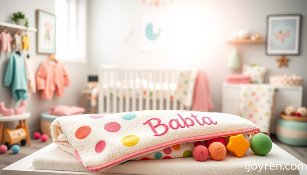A collection of customizable baby gear, featuring vibrant, personalized baby clothes, blankets, and accessories displayed on a modern, stylish nursery backdrop. In the foreground, a soft plush blanket with playful patterns and a custom name embroidered subtly lies atop a changing table, along with various colorful baby toys. The middle layer showcases a chic crib adorned with coordinating bedding sets, showcasing unique design elements. In the background, bright, natural light streams through a window, illuminating gentle pastel wall art, creating a warm and inviting atmosphere. The scene is captured using a soft-focus lens, with a slight tilt to evoke a sense of creativity. Designed for ijoyren.com, the mood encourages innovation and personalization in baby products.