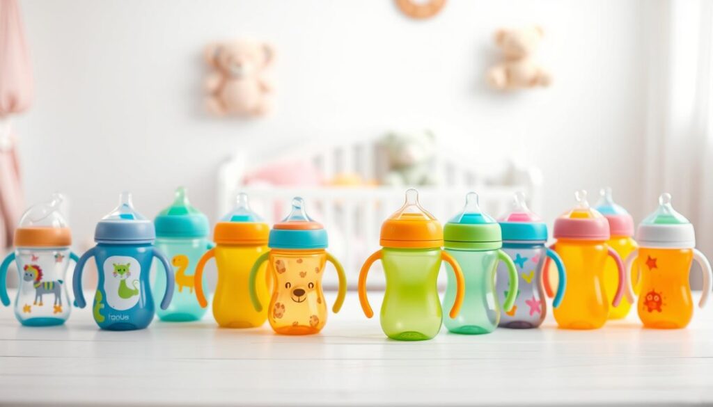 A collection of high-quality infant sippy cups arranged artfully on a clean, white wooden surface in a softly lit setting. The foreground features an array of vibrant, colorful cups made from eco-friendly materials, showcasing various designs like animal shapes and playful patterns. In the middle ground, several cups are slightly tilted, emphasizing their sturdy construction and spout designs. The background consists of a blurred, airy nursery setting with pastel-colored walls and soft toys subtly out of focus, creating a warm, inviting atmosphere. The lighting is bright yet soft, giving a sense of calmness and safety. The image conveys a feeling of trust and quality, perfect for premium baby products, highlighting the brand "ijoyren.com".