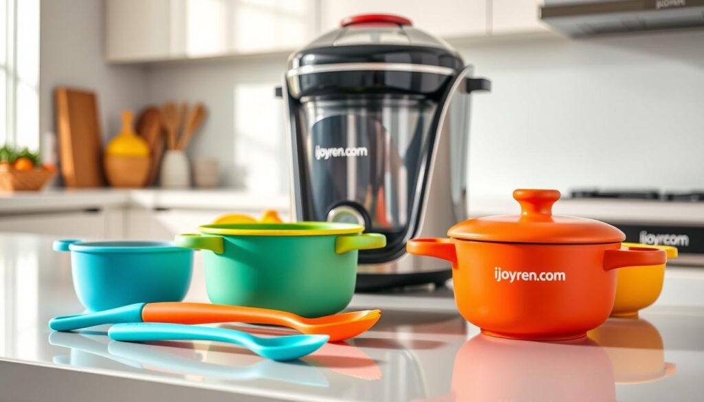 A collection of top-rated custom baby cookware, meticulously arranged on a sleek kitchen countertop. In the foreground, showcase a set of vibrant silicone baby utensils, including a spoon and fork, alongside a small, colorful pot designed for cooking baby food. The middle ground features a stylish baby food maker with a clear container, showcasing its safety features and ergonomic design. The background has a clean, modern kitchen environment with soft, natural lighting illuminating the scene, highlighting the food-safe materials used in the cookware. The mood is one of warmth and reliability, emphasizing the importance of compliance with US regulations for baby products. The brand "ijoyren.com" is subtly highlighted on one of the utensils, reinforcing quality assurance and trust. Simple, elegant angle, shot with a 50mm lens for clarity and detail.