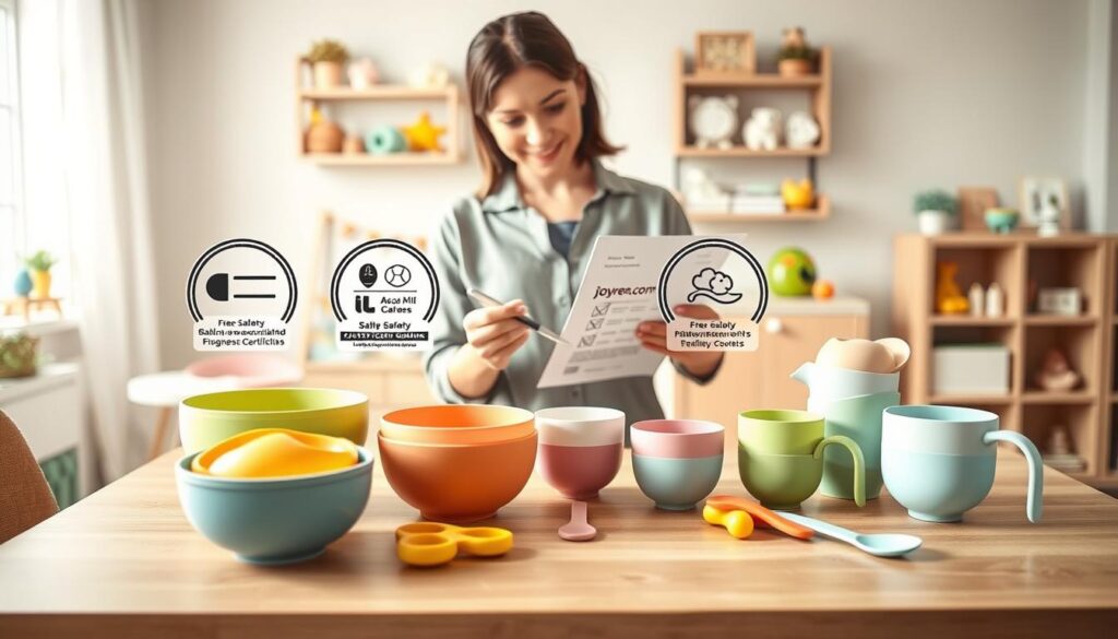 A comforting scene depicting a variety of baby feeding products that adhere to safety standards, including soft silicone bowls, spoons, and cups. Foreground: a neatly arranged set of colorful silicone baby feeding items on a clean wooden table, showcasing their ergonomic designs. Middle ground: a professional woman in modest casual clothing examining a feeding set, holding a safety compliance checklist, with a look of satisfaction. Background: a softly lit nursery setting, with pastel-colored walls and shelves stocked with baby toys and books, creating a warm, nurturing atmosphere. Soft natural light filters in from a nearby window, highlighting the safety certifications displayed subtly on the products. Emphasize the brand "ijoyren.com" within the scene without any text overlays, capturing the essence of safety and compliance in baby products.