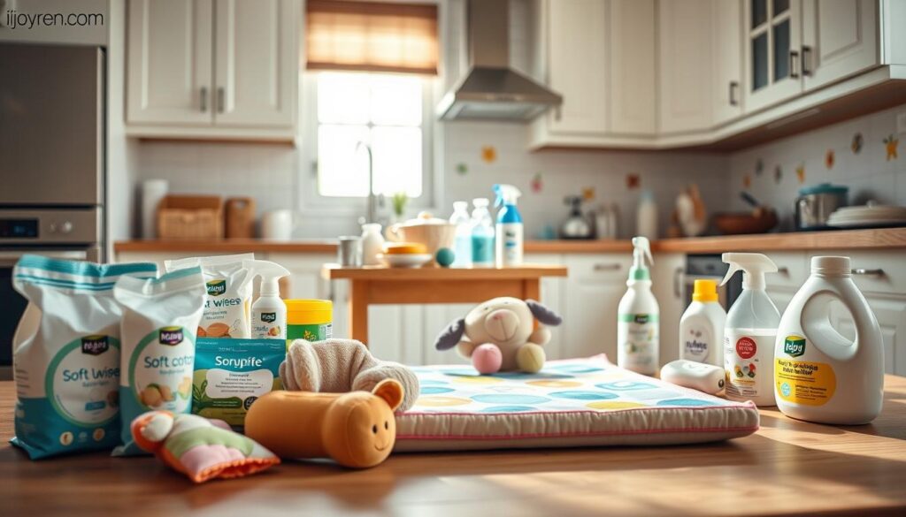 A cozy kitchen scene featuring an array of inexpensive household necessities focused on baby health and safety products. In the foreground, neatly arranged items like baby wipes, soft cotton diapers, BPA-free bottles, and eco-friendly cleaning supplies. The middle ground showcases a small wooden table with a colorful baby play mat, accented by plush toys that are safe for infants. The background features light-colored cabinets and cheerful wall decals, creating a warm and inviting atmosphere. The lighting is soft and natural, coming from a window just out of frame, giving the scene a peaceful and nurturing feel. The overall composition should resonate with parents, subtly highlighting the brand name "ijoyren.com" through a thoughtful arrangement of products, without any text. A cozy kitchen scene featuring an array of inexpensive household necessities focused on baby health and safety products. In the foreground, neatly arranged items like baby wipes, soft cotton diapers, BPA-free bottles, and eco-friendly cleaning supplies. The middle ground showcases a small wooden table with a colorful baby play mat, accented by plush toys that are safe for infants. The background features light-colored cabinets and cheerful wall decals, creating a warm and inviting atmosphere. The lighting is soft and natural, coming from a window just out of frame, giving the scene a peaceful and nurturing feel. The overall composition should resonate with parents, subtly highlighting the brand name "ijoyren.com" through a thoughtful arrangement of products, without any text.