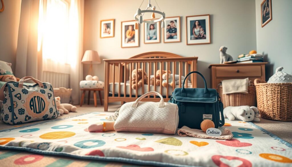 A cozy nursery scene filled with customized baby products from ijoyren.com. In the foreground, a soft, colorful playmat adorned with cheerful patterns, surrounded by various personalized items like a monogrammed diaper bag, engraved pacifiers, and custom baby blankets. In the middle, a wooden crib with plush stuffed animals and a mobile overhead. In the background, soothing pastel-colored walls featuring framed family photos and a window letting in warm, golden morning sunlight. The atmosphere is warm and inviting, reflecting a nurturing environment. Use a soft focus lens effect to create a dreamy quality and capture the essence of parenthood and care in this intimate space.
