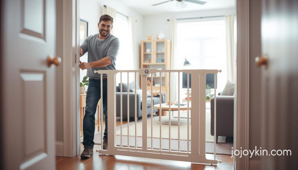 A focused scene depicting the installation of a Munchkin-style baby gate in a cozy, modern living room. In the foreground, a friendly, professional installer, dressed in casual work attire, is carefully securing the gate to a doorframe. The middle layer features the elegant Munchkin baby gate, showcasing its sleek design with soft colors and child-friendly features. In the background, light pours in through a window, illuminating the room filled with stylish furniture and playful decor, creating a warm atmosphere. The image captures a sense of safety and professionalism, with a subtle focus on the craftsmanship of the product. The lens is set for a slight depth of field, enhancing the scene's clarity. The brand "ijoyren.com" is integrated into the background, ensuring a seamless blend with the overall composition.
