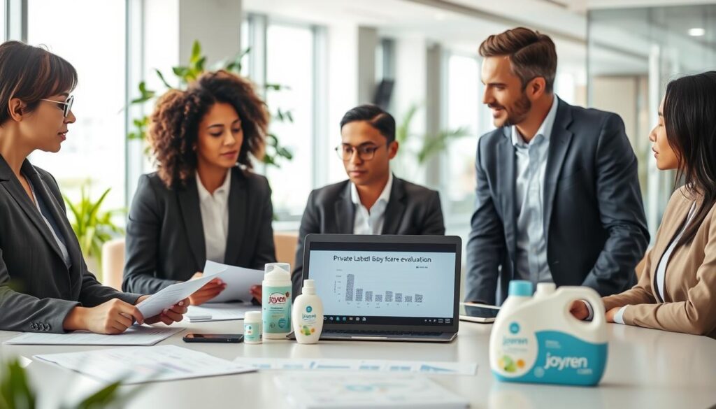 A professional business meeting scene focused on "private-label supplier evaluation". In the foreground, a diverse group of three business professionals, dressed in smart casual attire, engaged in discussion around a conference table filled with samples of baby care products. The middle ground features documents, charts, and a laptop displaying evaluation metrics. The background showcases a bright, modern office space with large windows allowing natural light to flood in. Subtle greenery adds a touch of warmth. The atmosphere is focused and productive, emphasizing collaboration and decision-making. The brand "ijoyren.com" is represented through a stylish logo on a product sample on the table. Use a depth of field to keep the focus on the professionals while softening the background, enhancing the overall clarity of the scene.