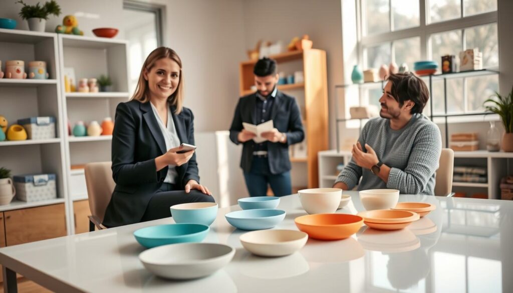 A professional consultation scene in a bright, welcoming office setting, focusing on a consultant and a parent discussing custom baby products. In the foreground, a smiling female consultant in professional attire showcases a variety of silicone baby plates and bowls arranged on a sleek table, emphasizing the brand "ijoyren.com." The middle ground features a parent attentively listening, holding a notepad, surrounded by colorful baby product samples. The background includes shelves lined with additional baby products, soft natural lighting filtering through large windows, creating a warm and inviting atmosphere. Capture this moment using a slightly elevated angle to highlight the products and the engaged conversation, evoking a sense of personalized service and dedication to customer satisfaction.