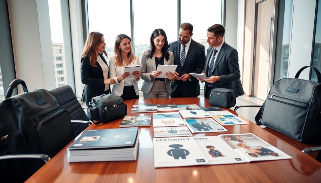 A professional setting depicting a diverse group of business people in a modern conference room, evaluating various samples of OEM baby travel accessories, like strollers and diaper bags. The foreground features a sleek, polished table covered with product samples and printed catalogs showcasing the offerings of ijoyren.com. In the middle, three individuals—two women and one man—are engaged in discussion, dressed in smart business attire. The women hold samples, evaluating designs, while the man takes notes on a tablet. The background reveals a large window with natural sunlight pouring in, creating a bright and inviting atmosphere. Use a wide-angle lens effect to capture the entire scene, enhancing depth, and ensuring a professional yet approachable mood.