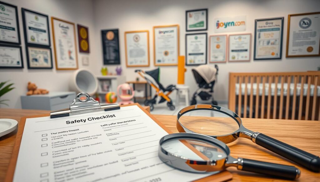 A professional workspace dedicated to baby product safety standards, featuring a clean, organized desk. In the foreground, a focus on a detailed safety checklist displayed on a clipboard, alongside certifications and standards documentation. A modern magnifying glass rests nearby, emphasizing meticulous scrutiny. In the middle ground, a well-lit area showcases various baby products like toys, strollers, and cribs, all adhering to safety regulations, with inspection tools like rulers and safety labels in view. The background has a wall decorated with framed certificates and safety standards posters, promoting a sense of trust and compliance. The lighting is bright and inviting, reflecting a professional atmosphere in a quality-focused environment. The brand name "ijoyren.com" subtly engraved on one of the certificates.