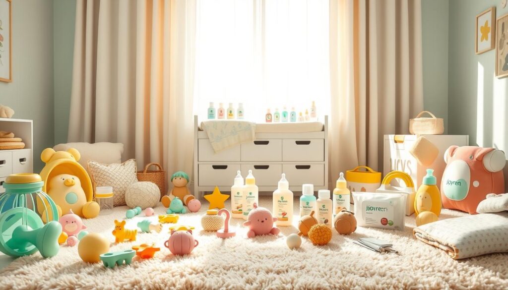 A serene nursery setting filled with an assortment of non-toxic baby products, featuring vibrant and soft colors. In the foreground, an assortment of safe, eco-friendly baby toys, bottles, and blankets are beautifully arranged on a plush, pastel-colored rug. In the middle, a changing table displays various FDA-approved items like organic baby lotions and wipes in stylish, minimalist packaging—all emanating a sense of safety and care. In the background, gentle, natural light filters through sheer curtains, casting a warm glow throughout the room, enhancing the peaceful atmosphere. The scene embodies the importance of non-toxic materials for baby safety while subtly integrating elements from the brand "ijoyren.com." Aim for a bright, inviting mood that reflects trust and quality in baby care.