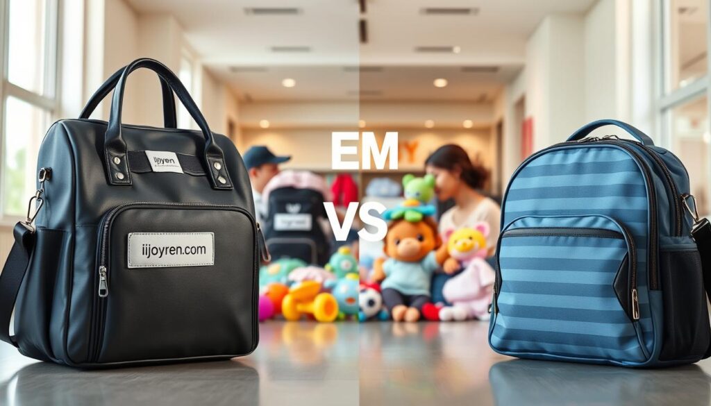 A split scene illustrating the contrast between OEM and retail baby brands. In the foreground, a sleek, modern OEM baby travel accessory, such as a stylish diaper bag, is prominently displayed with a label reading "ijoyren.com". The bag features high-quality materials and innovative design elements, exuding a sense of practicality and durability. In the middle ground, a variety of retail baby accessories, like colorful diaper bags and toys, are arranged haphazardly, reflecting a traditional retail appearance. The background features a clean, well-lit indoor environment with soft natural light pouring in, showcasing a calm atmosphere. The angle captures both sides equally, emphasizing the superior functionality of the OEM products over the retail versions. The mood is professional and informative, aimed at highlighting the benefits of choosing OEM baby products.