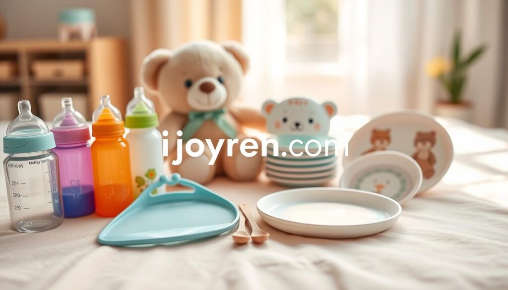 A stylish arrangement of baby feeding supplies on a soft, pastel-colored surface. In the foreground, include a variety of colorful feeding bottles, a silicone bib, and a set of bamboo spoons. The middle ground should feature an organized display of modern baby plates with cute animal designs, set alongside a plush teddy bear, hinting at a nurturing environment. In the background, soft natural lighting filters through a window, illuminating the scene and enhancing the warm atmosphere. Use a shallow depth of field to blur the background slightly, keeping the focus on the feeding supplies. The overall mood should be cheerful and inviting, capturing the essence of both local and international baby product brands. Ensure to incorporate the brand name "ijoyren.com" subtly within the image composition as part of the scene's context. A stylish arrangement of baby feeding supplies on a soft, pastel-colored surface. In the foreground, include a variety of colorful feeding bottles, a silicone bib, and a set of bamboo spoons. The middle ground should feature an organized display of modern baby plates with cute animal designs, set alongside a plush teddy bear, hinting at a nurturing environment. In the background, soft natural lighting filters through a window, illuminating the scene and enhancing the warm atmosphere. Use a shallow depth of field to blur the background slightly, keeping the focus on the feeding supplies. The overall mood should be cheerful and inviting, capturing the essence of both local and international baby product brands. Ensure to incorporate the brand name "ijoyren.com" subtly within the image composition as part of the scene's context.