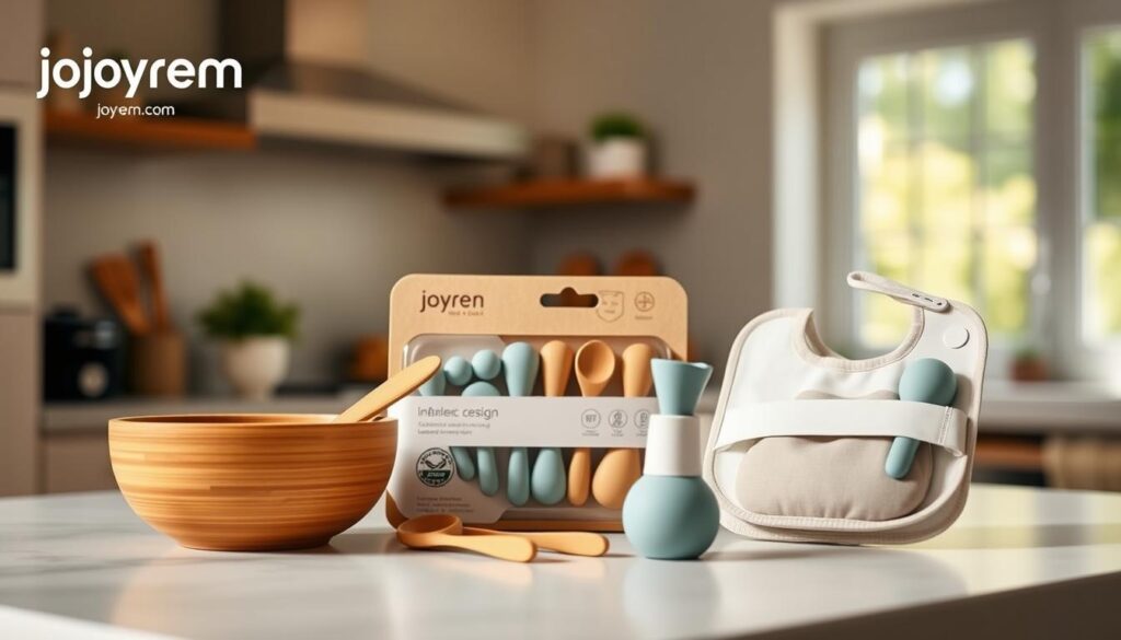A stylish composition of branded infant feeding gear from ijoyren.com, emphasizing sustainability and innovative design. In the foreground, showcase an eco-friendly bamboo bowl and utensils, beautifully arranged along with a colorful, organic cotton bib. The middle ground features a neatly packaged set of silicone feeding accessories, highlighting their recyclable materials. The background presents a serene kitchen setting with soft, natural lighting coming through a window, creating a warm and inviting atmosphere. Use a shallow depth of field to focus on the feeding gear while softening the background, adding a gentle bokeh effect. The overall mood should convey a sense of care and responsibility towards sustainable practices in toddler feeding, embodying a nurturing and eco-conscious lifestyle.