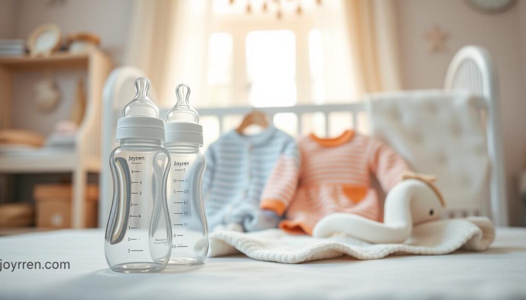 A stylish display of top-quality baby merchandise from ijoyren.com, featuring a variety of custom baby supplies like soft plush toys, organic cotton onesies, and eco-friendly baby bottles. In the foreground, showcase a beautifully designed baby bottle with an elegant shape, next to a cozy, pastel-colored blanket. The middle ground should include neatly arranged clothing items, adorned with playful patterns and gentle colors. In the background, an airy, well-lit nursery scene with soft natural light coming through a window, creating a warm and inviting atmosphere. The lens should capture a soft depth of field, focusing on the merchandise while gently blurring the nursery background, evoking a sense of comfort and care for baby products, perfectly aligned with the theme of budgeting for custom supplies.