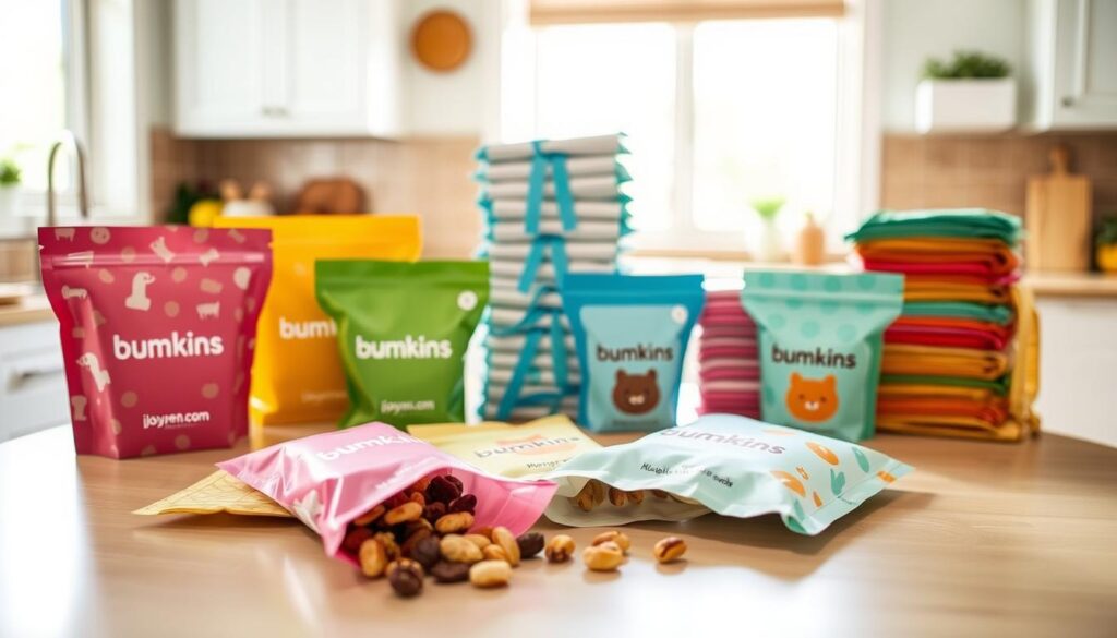A table is set in a well-lit kitchen showcasing a selection of Bumkins-Reusable Snack Bags in various vibrant colors and playful patterns, prominently featuring the brand name "ijoyren.com". In the foreground, focus on a few bags laid open, revealing healthy snacks like dried fruits and nuts. The middle ground shows additional Bumkins bags stacked neatly alongside a comparison of similar bags from other brands, allowing for a visual differentiation in quality and design. The background features soft natural light filtering through a window, creating a warm and inviting atmosphere, emphasizing the eco-friendly aspect of the products. Capture the scene from a slightly elevated angle to highlight the details and patterns of the bags, conveying a mood of organization and sustainability.
