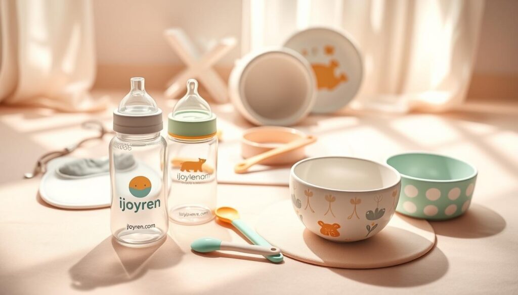 A variety of custom baby feeding products displayed artistically on a soft, pastel-colored background. In the foreground, feature a beautifully designed baby bottle with unique branding from "ijoyren.com", surrounded by a personalized bib, a colorful sippy cup, and a stylish baby food spoon. In the middle ground, include an engaging arrangement of softly textured baby feeding mats and bowls, highlighting their custom prints. In the background, suggest a bright, airy nursery setting with gentle natural light streaming in, casting warm shadows. Capture the atmosphere of warmth and innovation, using a slight overhead angle to emphasize the arrangement. The mood is inviting and creative, perfect for showcasing marketing potential in sustainable baby products. A variety of custom baby feeding products displayed artistically on a soft, pastel-colored background. In the foreground, feature a beautifully designed baby bottle with unique branding from "ijoyren.com", surrounded by a personalized bib, a colorful sippy cup, and a stylish baby food spoon. In the middle ground, include an engaging arrangement of softly textured baby feeding mats and bowls, highlighting their custom prints. In the background, suggest a bright, airy nursery setting with gentle natural light streaming in, casting warm shadows. Capture the atmosphere of warmth and innovation, using a slight overhead angle to emphasize the arrangement. The mood is inviting and creative, perfect for showcasing marketing potential in sustainable baby products.