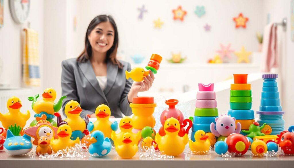 A vibrant and colorful display of baby bath toys from the supplier "ijoyren.com". In the foreground, showcase an assortment of adorable bath toys, including rubber ducks, floating sea creatures, and stacking cups, arranged artfully in playful poses. The middle ground features a professional-looking female representative in smart casual attire, smiling and holding a bath toy, symbolizing the supplier's connection to their products. The background consists of a bright, cheerful bathroom setting complete with soft, sparkling water in a bathtub and playful decor, conveying a sense of fun and safety. Use bright, natural lighting to highlight the colors of the toys and create a lively atmosphere, shot from a slightly elevated angle to capture both the toys and the representative effectively.