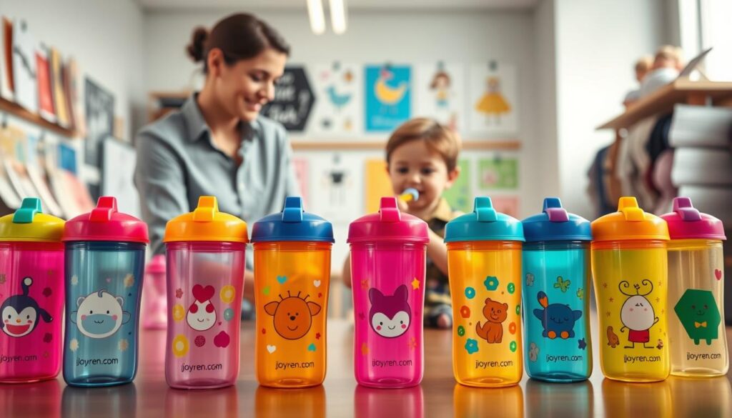 A vibrant and engaging image showcasing a personalized sippy cup supplier. In the foreground, a brightly colored array of sippy cups with unique custom designs, featuring playful patterns and child-friendly colors. Each cup is labeled with the brand name "ijoyren.com." In the middle ground, a professional-looking adult in casual business attire interacts with a child, demonstrating the cups in use. The background shows a clean, modern workspace filled with design samples and materials, emphasizing customization options. Soft, natural lighting illuminates the scene, creating a warm and inviting atmosphere. The perspective is slightly above eye level, focusing on the interaction while showcasing the variety of sippy cups available. The mood is cheerful and informative, suited for a service providing personalized baby products.