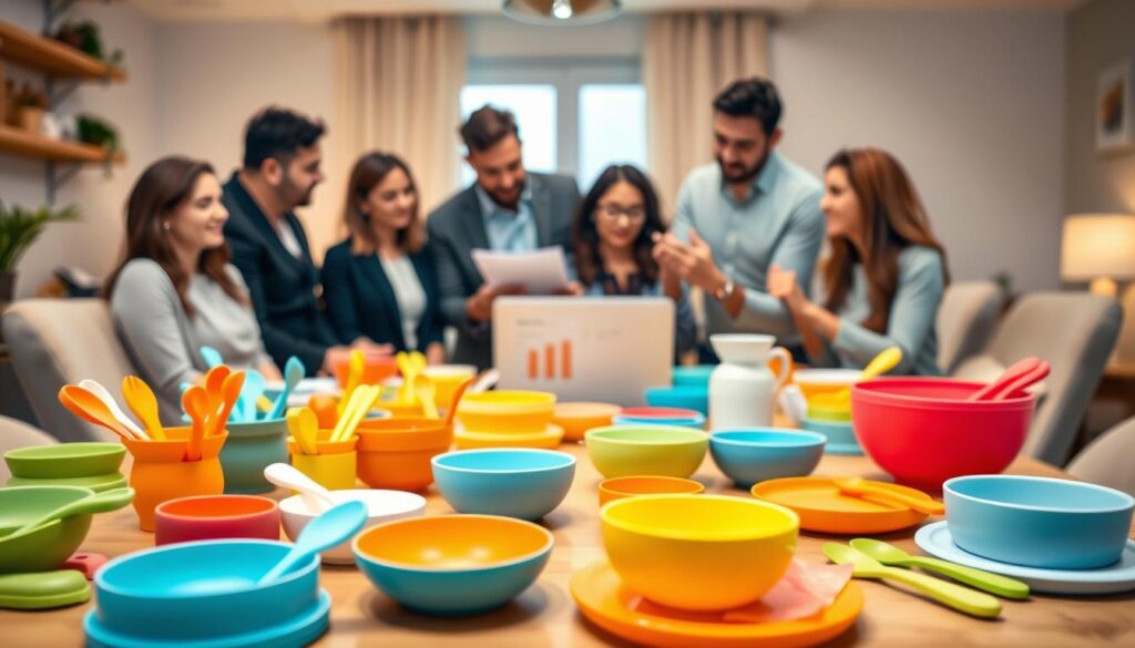 A vibrant and engaging scene showcasing a table filled with custom silicone baby feeding sets, branded with "ijoyren.com". In the foreground, focus on a visually appealing array of colorful, stylish baby utensils, bowls, and plates suitable for infants. In the middle ground, depict a diverse group of parents in professional attire, actively discussing marketing strategies, with charts and graphs on a laptop open beside them. The background features a cozy home environment with soft lighting, enhancing the intimate atmosphere. Use a shallow depth of field to focus on the products and people, with warm, inviting tones to convey a sense of care and quality. Overall, the mood should reflect innovation and collaboration, emphasizing the appeal of private label baby products.