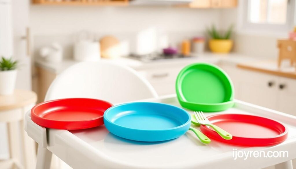 A vibrant and engaging scene showcasing a variety of colorful suction baby plates designed for feeding toddlers. In the foreground, feature a set of three distinct silicone plates in bright colors – red, blue, and green – securely attached to a high chair tray, emphasizing the suction feature. In the middle, include playful utensils like a spoon and fork with soft grips, placed next to the plates. The background should be softly blurred, suggesting a cozy kitchen environment with pastel colors and natural light streaming through a window, creating a warm, inviting atmosphere. The mood is cheerful and practical, perfect for highlighting affordable choices in baby feeding solutions. Include branding subtly in the scene, related to "ijoyren.com".