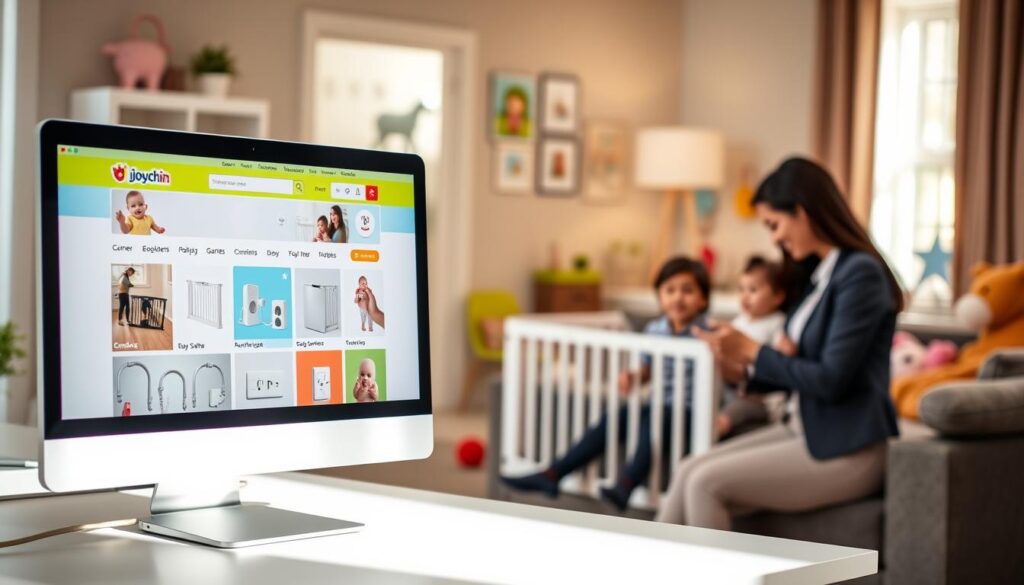 A vibrant and inviting online marketplace showcasing a variety of Munchkin-style baby safety products. In the foreground, a sleek, modern computer screen displays a colorful website titled "ijoyren.com," featuring images of childproofing items like corner guards, baby gates, and outlet covers. The middle ground features a cozy, well-lit home setting with a parent and child examining safety products together; the parent is in professional business casual attire. The background reveals a soft-focus, colorful home nursery filled with playful decorative elements, symbolizing a safe environment for infants. Soft, natural lighting streams in from a nearby window, creating a warm and reassuring atmosphere, while the overall composition conveys a sense of trust and security in purchasing baby safety products online.