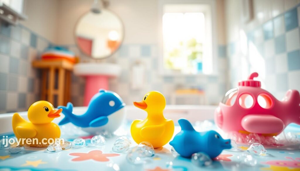 A vibrant and inviting scene of affordable bath toys for infants set in a bright, cheerful bathroom. In the foreground, showcase a variety of colorful, soft rubber bath toys including a yellow duck, a blue whale, and a pink submarine, all designed for safety and fun. The middle ground features a whimsical bath mat adorned with playful ocean patterns and shallow bubbles scattered around. In the background, a sunlit window allows natural light to flood the space, creating a warm and inviting atmosphere. The overall mood is joyful and playful, ideal for parents looking to customize baby bath experiences. Highlight the branding "ijoyren.com" subtly on one of the toys without overt logos. Use a shallow depth of field for a soft focus on the background, emphasizing the toys.
