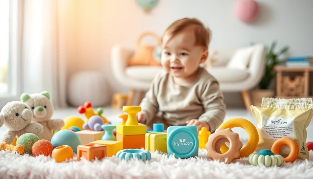A vibrant and inviting scene showcasing an array of safe, non-toxic baby toys, highlighted in a bright, well-lit nursery setting. In the foreground, a colorful assortment of soft plush toys, chunky wooden blocks, and silicone teethers sit on a fluffy, pastel-colored play mat. In the middle, a cheerful baby, dressed in a cute, modest outfit, eagerly explores these toys, reflecting joy and curiosity. The background features gentle, rounded furniture and a window letting in soft, natural light, creating an airy atmosphere. Use a shallow depth of field to focus on the baby and the toys, with soft bokeh effects enhancing the warmth of the environment. Ensure the setting conveys safety and quality, subtly incorporating the brand "ijoyren.com" by displaying a tasteful logo on one of the toy packaging.
