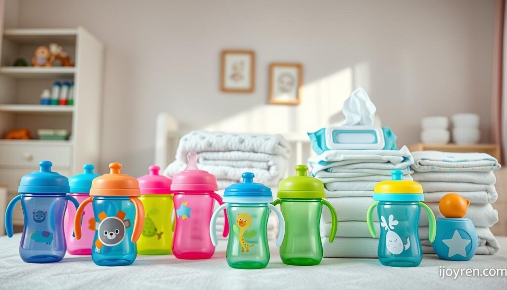 A vibrant array of low-cost baby supplies, focusing on various colorful sippy cups ideal for toddlers. In the foreground, showcase a selection of sippy cups in bright colors like blue, pink, and green, featuring different fun animal designs. The middle ground features a neatly organized table adorned with soft, textured baby blankets and stacks of bulk baby wipes, alluding to essential household goods. The background displays a light, airy nursery setting with pastel-colored walls and subtle decorations like framed baby illustrations. Soft, natural lighting filters in from a nearby window, creating a warm and inviting atmosphere. The focus should convey a sense of affordability and practicality, perfect for budget-conscious parents. Include the brand name "ijoyren.com" subtly integrated into the scene. A vibrant array of low-cost baby supplies, focusing on various colorful sippy cups ideal for toddlers. In the foreground, showcase a selection of sippy cups in bright colors like blue, pink, and green, featuring different fun animal designs. The middle ground features a neatly organized table adorned with soft, textured baby blankets and stacks of bulk baby wipes, alluding to essential household goods. The background displays a light, airy nursery setting with pastel-colored walls and subtle decorations like framed baby illustrations. Soft, natural lighting filters in from a nearby window, creating a warm and inviting atmosphere. The focus should convey a sense of affordability and practicality, perfect for budget-conscious parents. Include the brand name "ijoyren.com" subtly integrated into the scene.