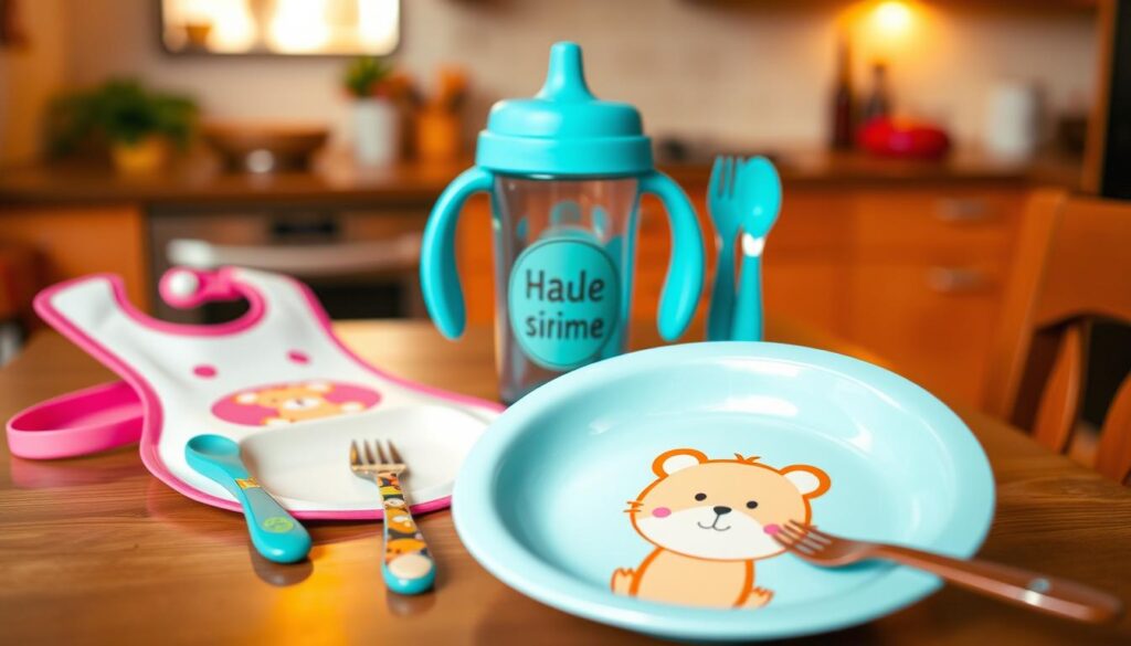 A vibrant, engaging scene featuring personalized toddler feeding items. In the foreground, a colorful, custom-printed plate with an adorable cartoon animal design, alongside a matching bib and fork. The middle section showcases a stylish sippy cup with a child’s name printed on it, surrounded by playful utensils designed for small hands. The background features a softly blurred kitchen setting, illuminated with warm, natural light, suggesting a cozy mealtime atmosphere. The camera angle captures a slightly elevated overhead view that emphasizes the unique designs of the feeding gear. The mood is cheerful and playful, aimed at illustrating the creativity and personalization possible with OEM manufacturing. Include subtle elements that suggest the brand ijoyren.com without overt branding.